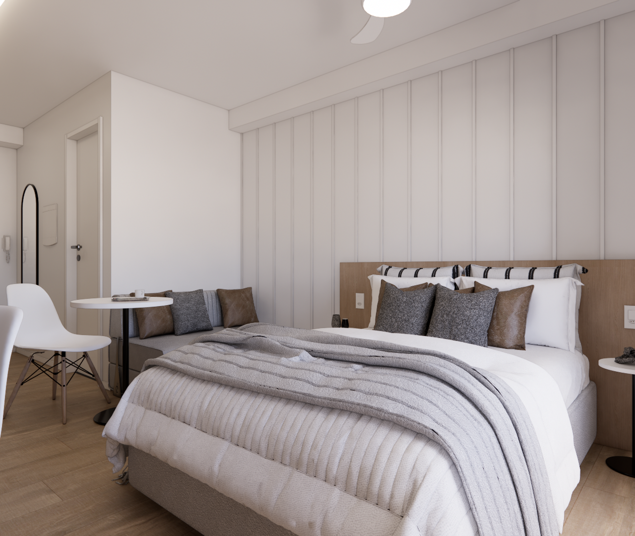 Render 3D de quarto no Metrocasa Berrini com tons neutros, cama, marcenaria em madeira e iluminação suave e indireta