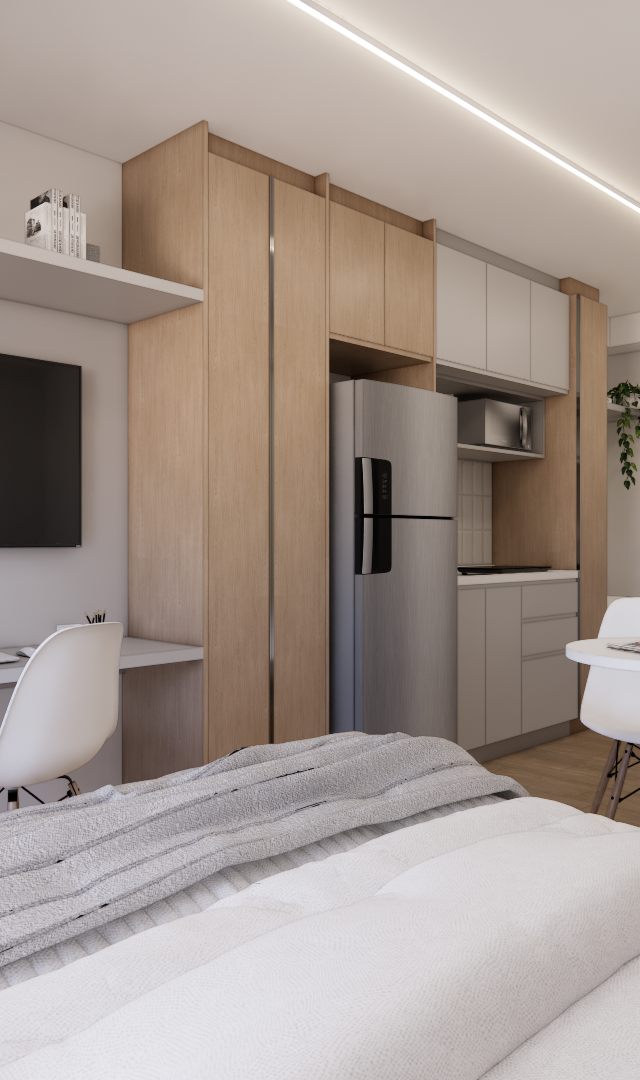 Render 3D de estúdio no Metrocasa Berrini com marcenaria em tons amadeirados, cozinha cinza, iluminação linear e sofá cinza