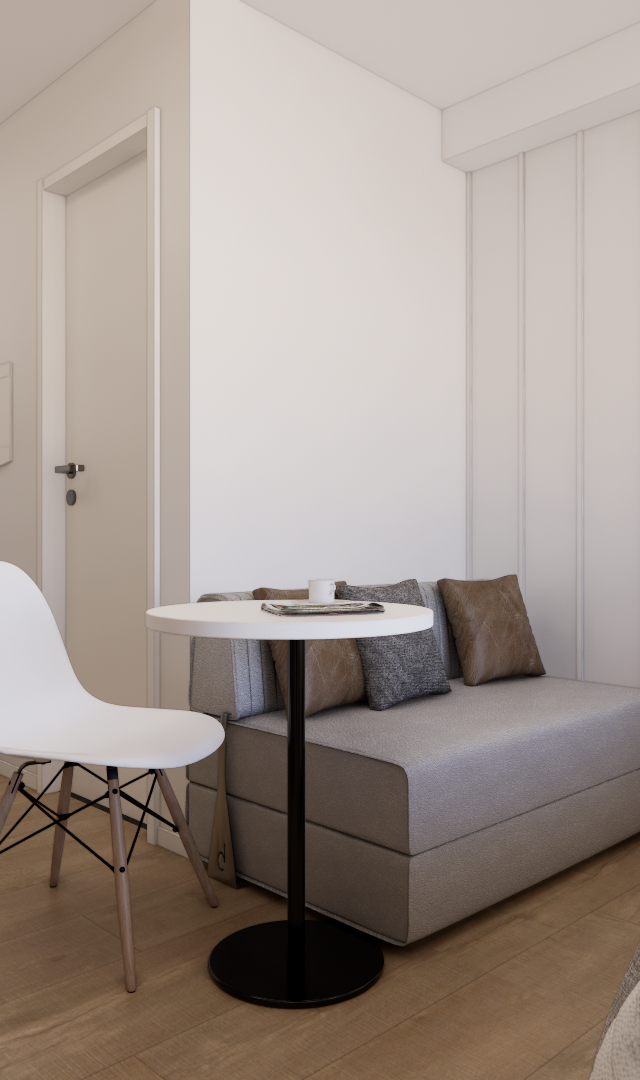 Render 3D do quarto no Metrocasa Berrini com sofá cinza, mesa branca, cadeira moderna, piso amadeirado e tons neutros