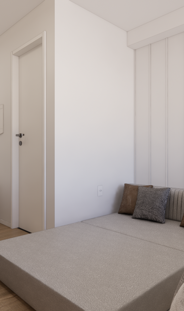 Render 3D de quarto no Metrocasa Berrini com sofá-cama, mesa branca, marcenaria clara, tons neutros e iluminação suave