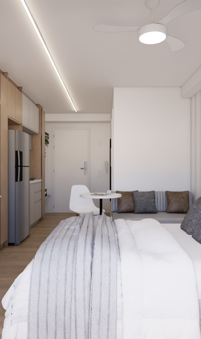 Render 3D de estúdio no Metrocasa Berrini com marcenaria em madeira clara, cama, mesa de trabalho e iluminação linear