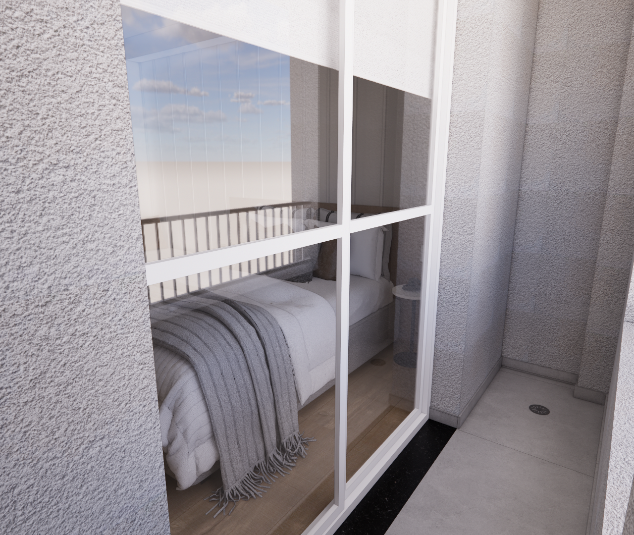 Render 3D: varanda de apartamento PRG Metrocasa Berrini com vista para dormitório, piso cinza e paredes texturizadas claras