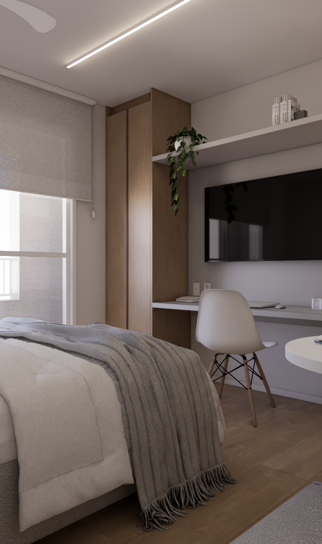 Render 3D de estúdio no Metrocasa Berrini com marcenaria em tons de madeira, cama, mesa branca e iluminação natural suave