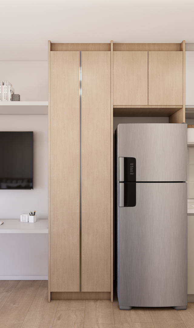Render 3D de estúdio no Metrocasa Berrini com marcenaria em madeira clara, cozinha cinza, geladeira inox e bancada de trabalho