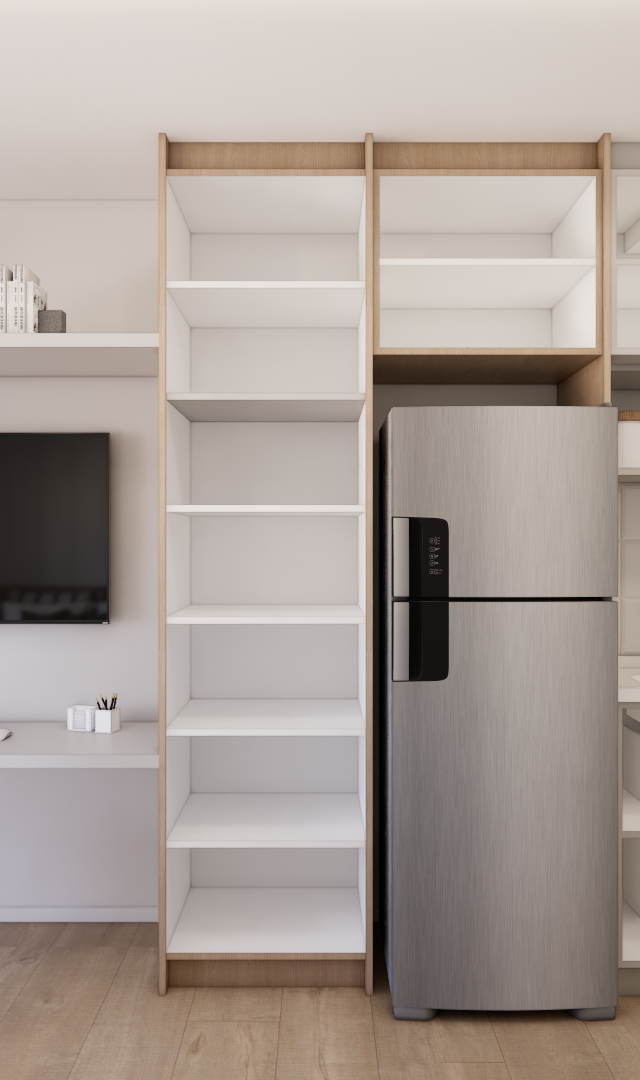 Render 3D de estante, home office e cozinha compacta no Metrocasa Berrini, em madeira clara, branco e cinza com iluminação