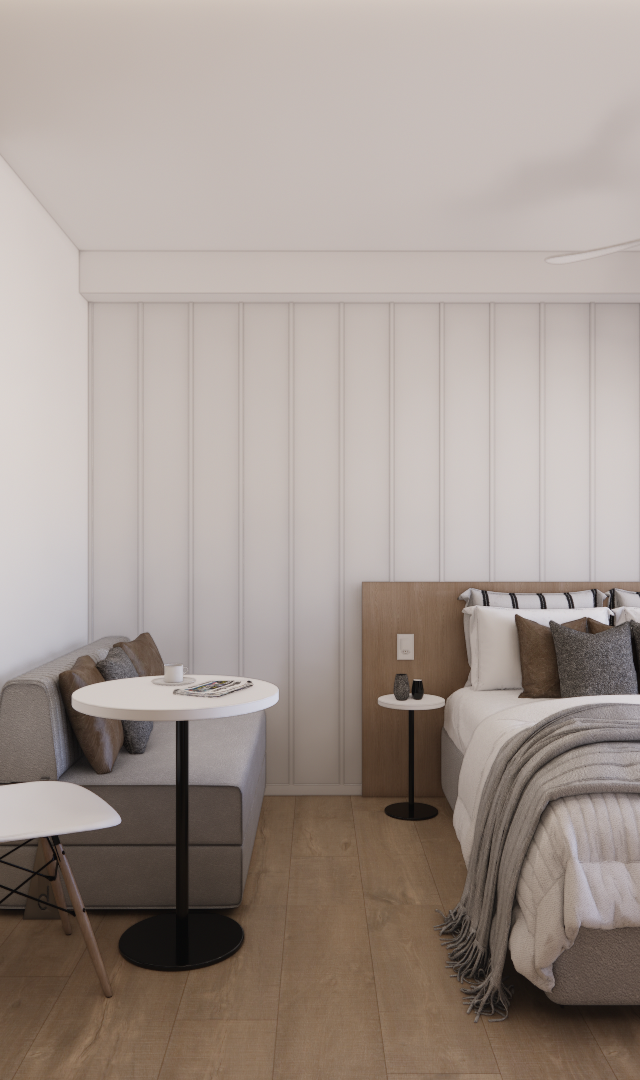 Render 3D de quarto no Metrocasa Berrini com cama, sofá cinza, mesa branca, marcenaria amadeirada, tons claros e iluminação