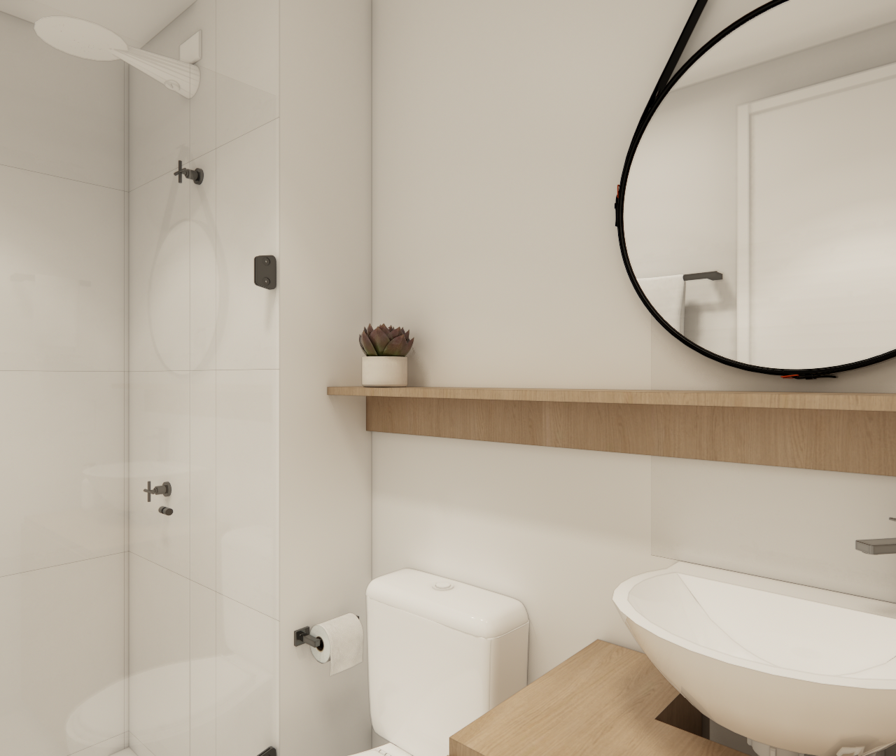 Render 3D de banheiro compacto, tons claros, bancada e prateleira em madeira, espelho redondo e metais pretos