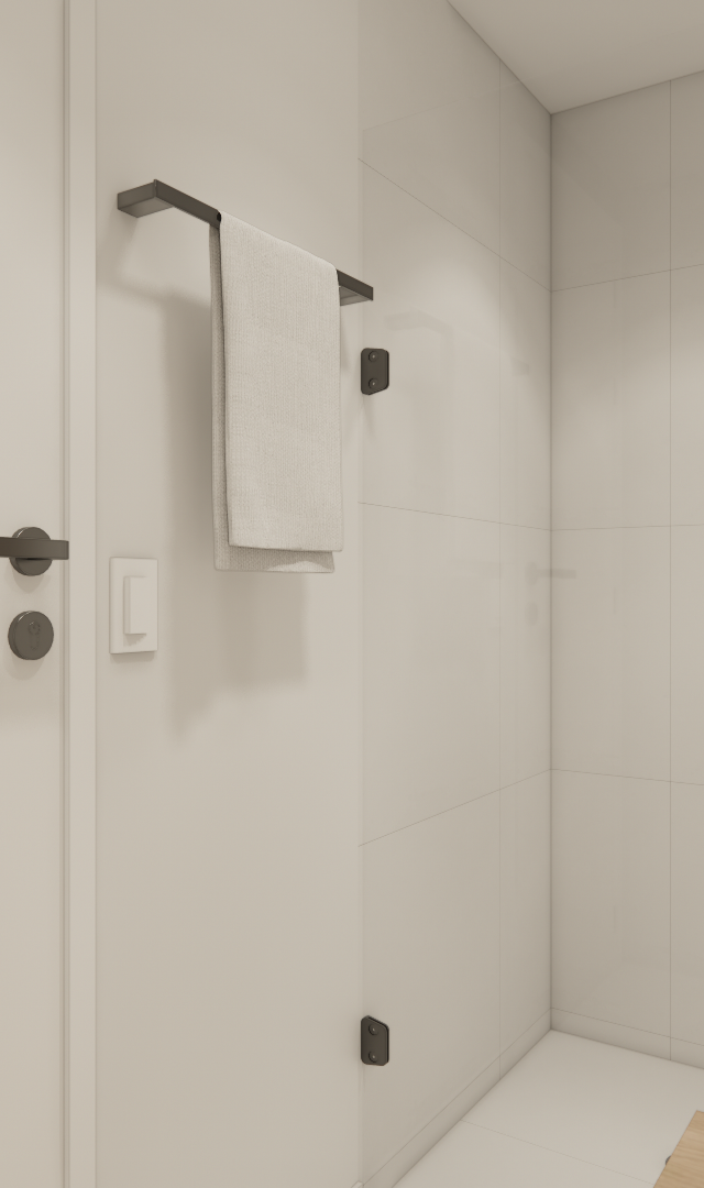Render 3D de banheiro moderno no Metrocasa Berrini, tons claros, box de vidro, metais pretos e prateleira de madeira