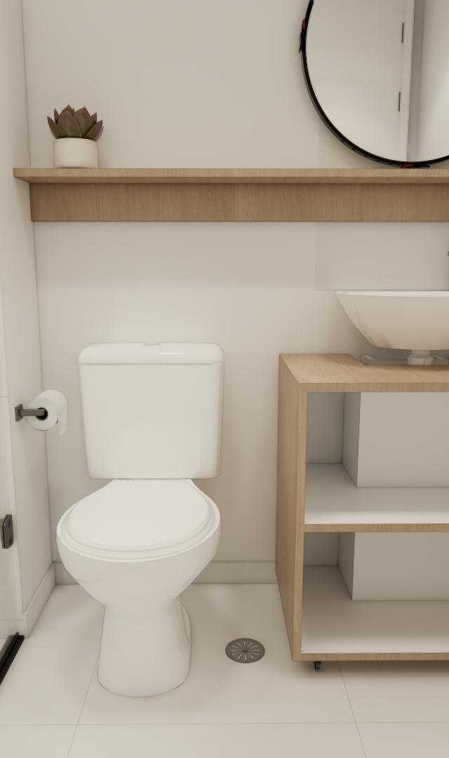 Render 3D de banheiro Metrocasa Berrini com marcenaria clara, cuba de apoio, espelho redondo e box de vidro em tons neutros