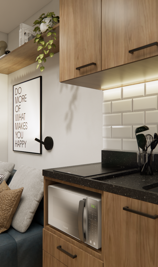Render 3D de cozinha compacta com marcenaria em madeira, bancada preta, azulejos brancos e sofá azul no RS - NEX ONE JURUPIS