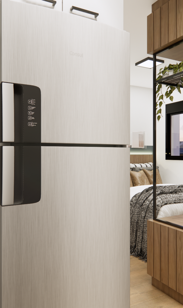 Render 3D de estúdio com geladeira, marcenaria em madeira e metal preto, nichos decorados e quarto integrado ao fundo