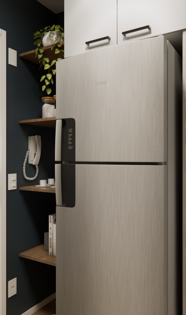 Render 3D do RS - NEX ONE JURUPIS com geladeira inox, nichos de madeira em parede azul e vista parcial de quarto ao fundo