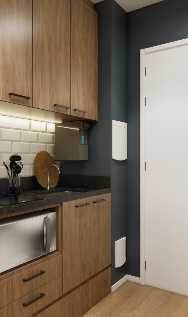 Render 3D de cozinha compacta NEX ONE JURUPIS com armários de madeira, bancada preta, revestimento tipo tijolinho e luz LED