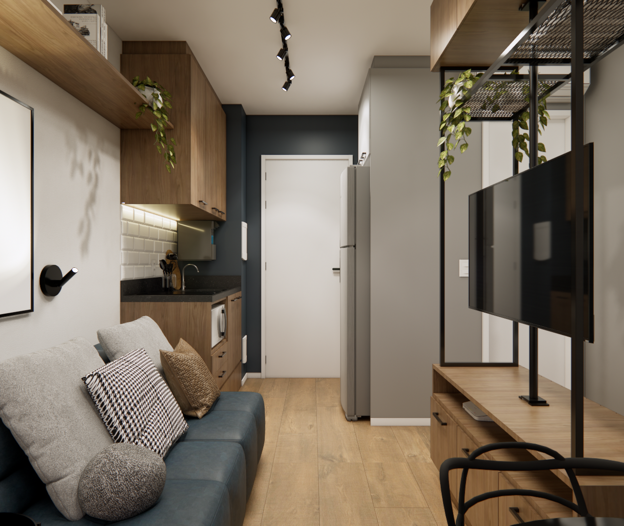 Render 3D de sala e cozinha integradas, marcenaria em madeira, sofá azul, TV em estrutura metálica e iluminação focada