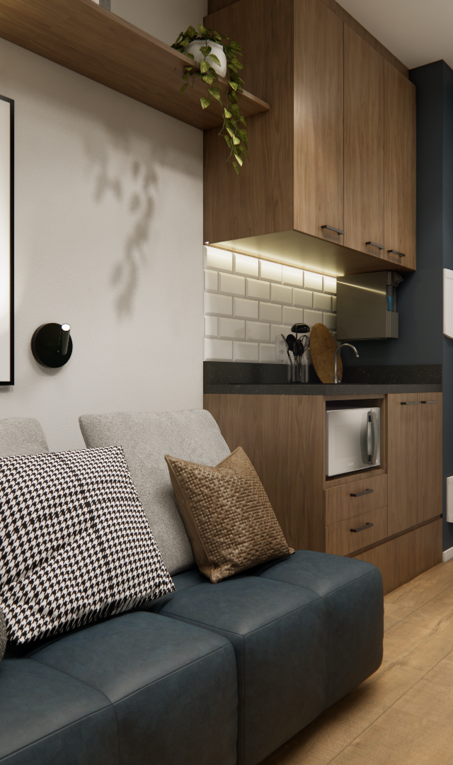 Render 3D de sala e cozinha integradas, marcenaria em madeira, sofá azul, paredes cinzas e iluminação indireta quente