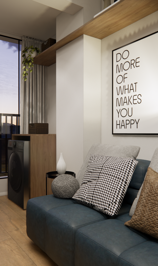 Render 3D de sala e cozinha integradas, sofá azul, marcenaria em tons de madeira e grandes janelas com vista externa