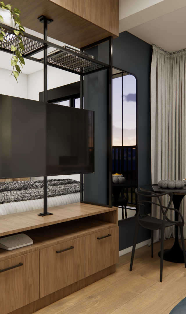 Render 3D de estúdio NEX ONE JURUPIS com marcenaria em madeira, painel giratório de TV, mesa de jantar e luz natural