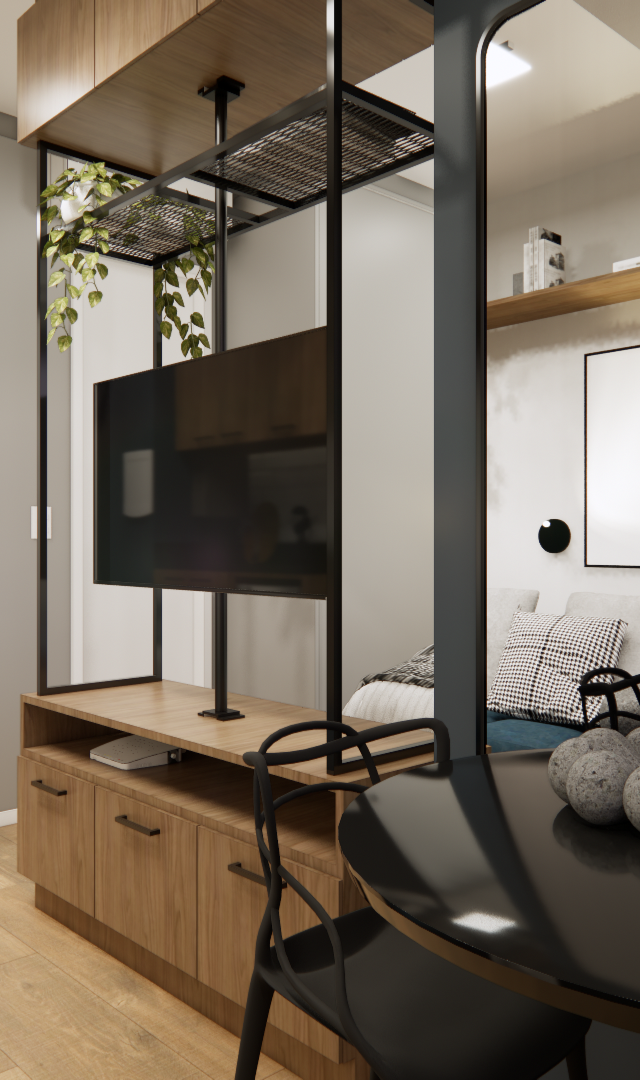 Render 3D do NEX ONE JURUPIS com rack de madeira, TV, mesa preta, espelho e marcenaria integrada em tons de cinza e madeira