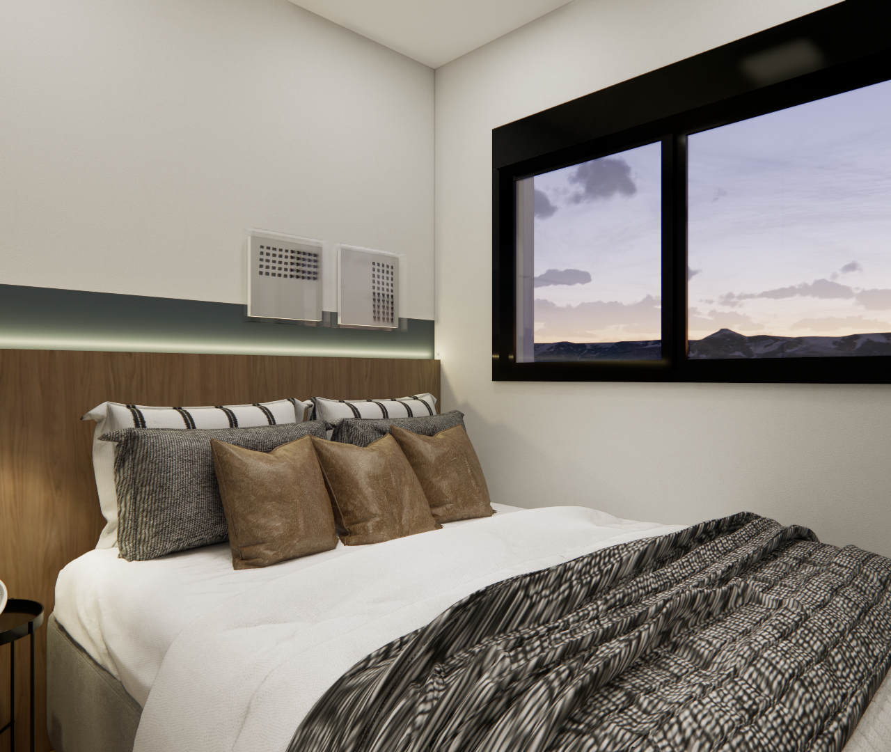 Render 3D de quarto NEX ONE JURUPIS com painel de madeira, iluminação indireta, cama com almofadas tons terra e janela