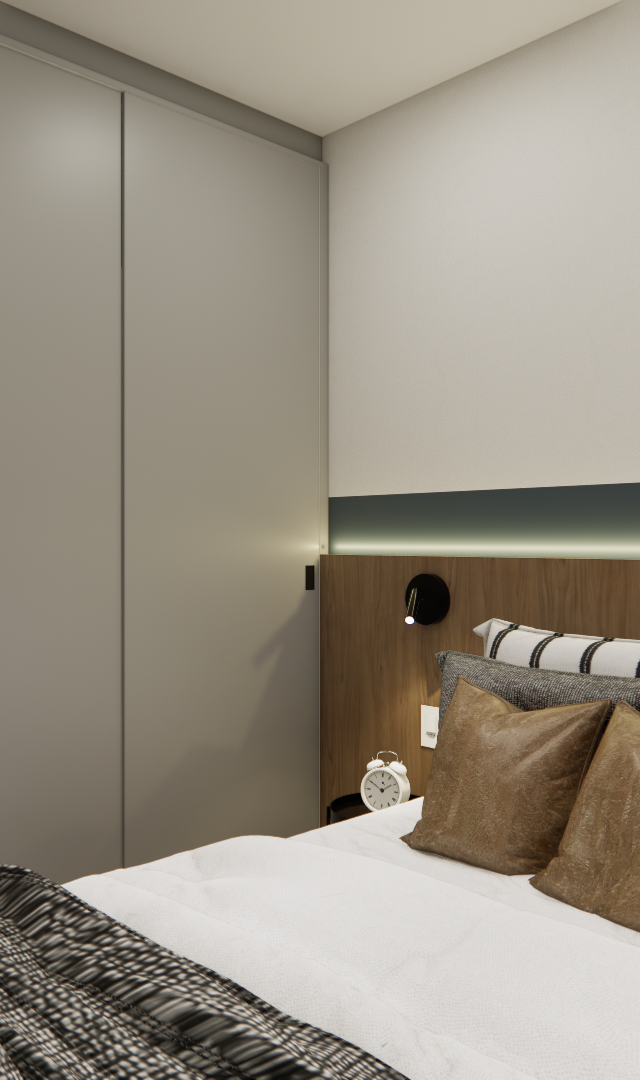 Render 3D de quarto no RS - NEX ONE JURUPIS com guarda-roupa cinza, cabeceira amadeirada, iluminação indireta e tons neutros