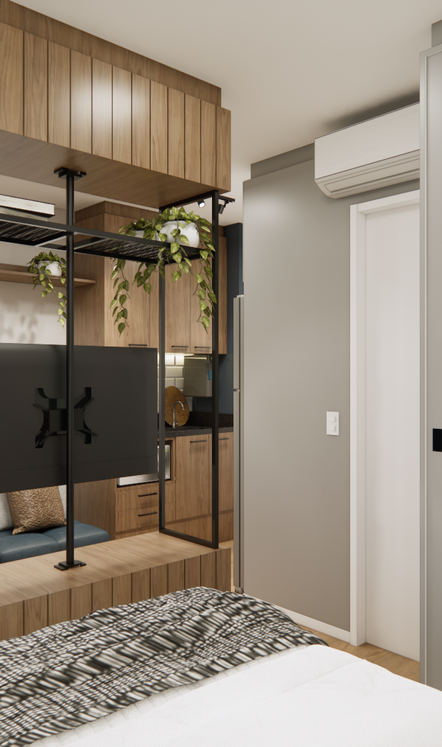 Render 3D de estúdio no NEX ONE JURUPIS com divisória de marcenaria e metal, TV, tons cinza e madeira, iluminação difusa
