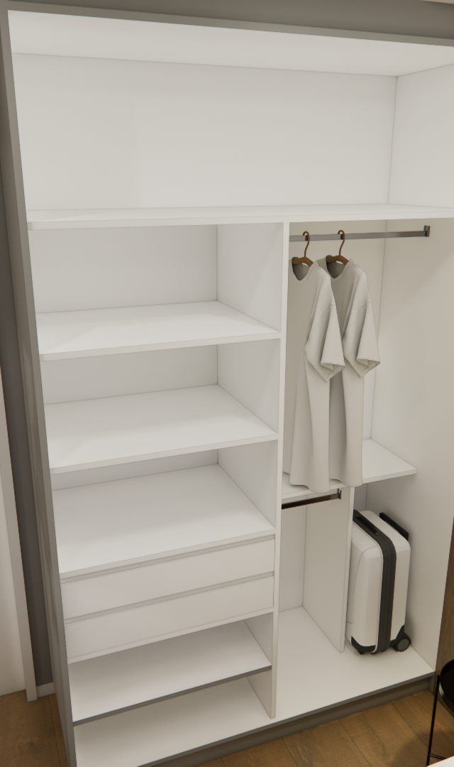 Render 3D de quarto NEX ONE Jurupis com guarda-roupa branco, marcenaria em madeira e parede cinza com iluminação indireta