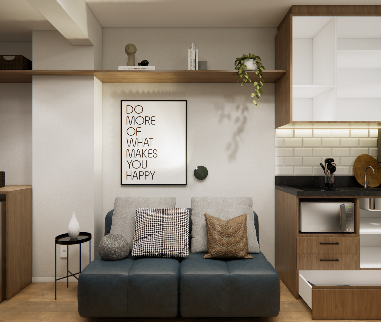Render 3D do RS - NEX ONE JURUPIS com sofá azul, marcenaria em madeira e branca, parede clara com quadro e iluminação LED