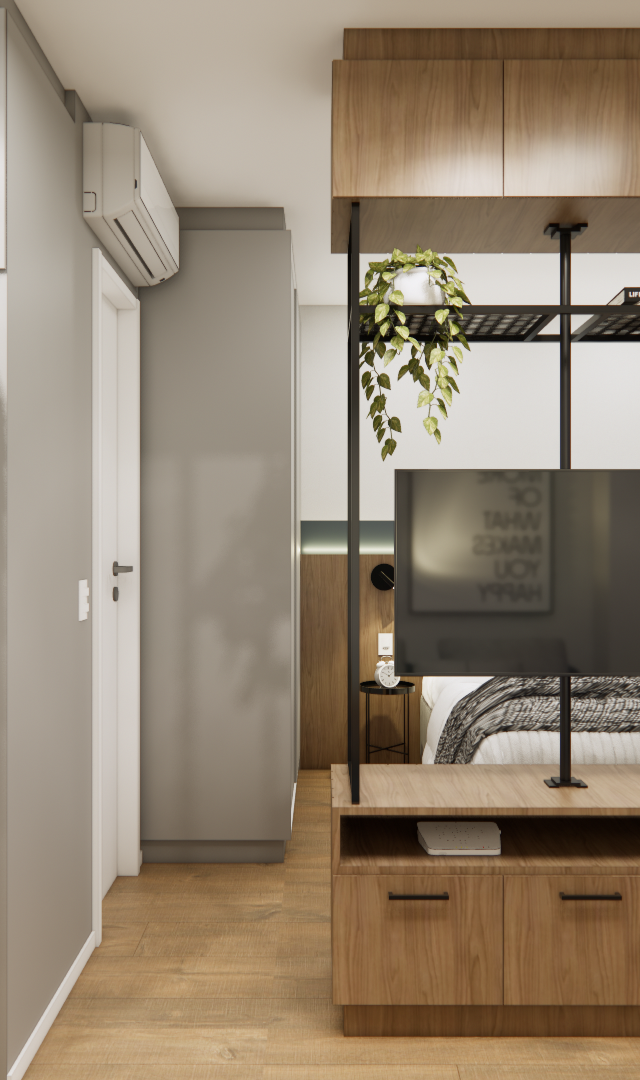 Render 3D de estúdio RS - NEX ONE JURUPIS com marcenaria em madeira e cinza, parede azul, TV centralizada e planta baixa