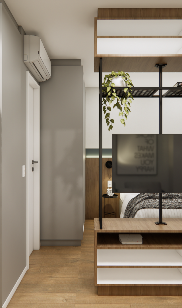 Render 3D de estúdio no NEX ONE JURUPIS com marcenaria em madeira e branco, TV central, geladeira inox e paredes cinzas