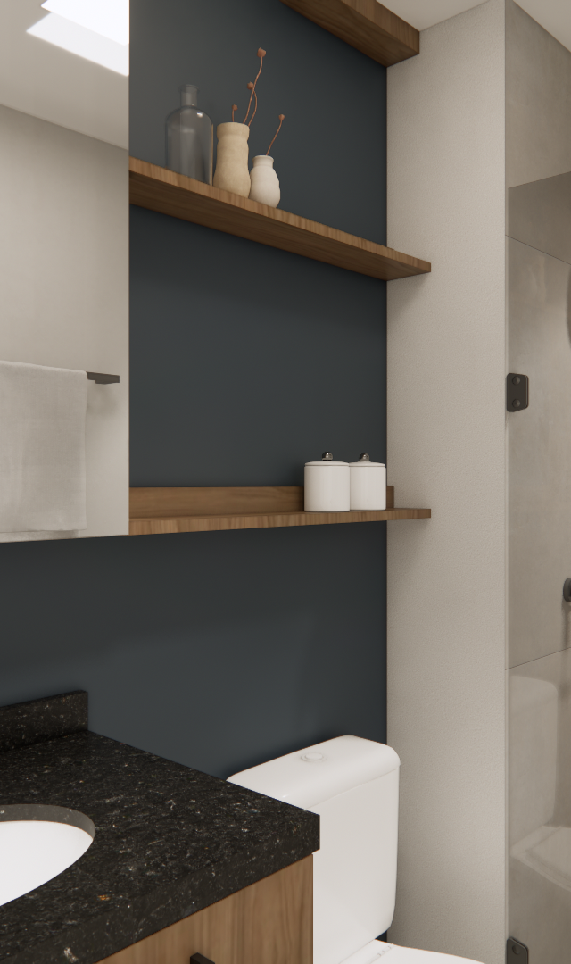Render 3D de banheiro NEX ONE JURUPIS com parede cinza escuro, bancada preta, prateleiras de madeira e box de vidro