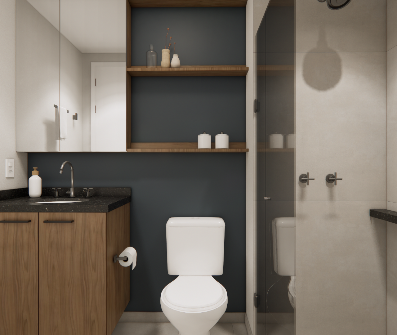 Render 3D de banheiro NEX ONE JURUPIS com marcenaria amadeirada, bancada preta, parede cinza e iluminação suave