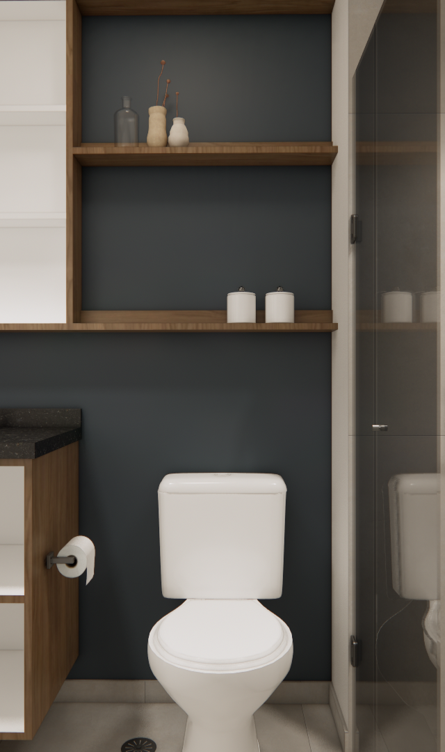 Render 3D de banheiro NEX ONE JURUPIS com marcenaria amadeirada, nichos cinza escuro, bancada preta e box de vidro