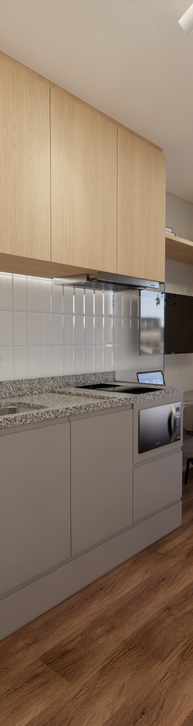Render 3D de cozinha compacta no RA Soma Perdizes com marcenaria em tons de madeira e cinza, bancada granito e iluminação