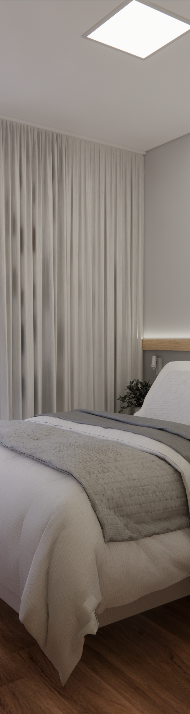 Render 3D de dormitório no Soma Perdizes com cama, piso amadeirado, cortinas brancas, poltrona e varanda com vista urbana
