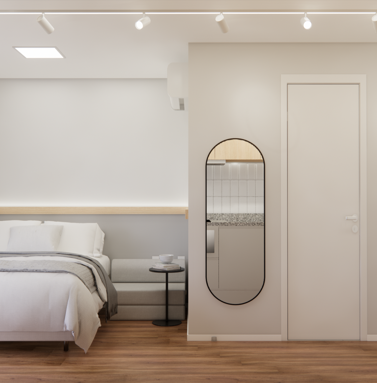 Render 3D de quarto no Soma Perdizes com tons neutros, cama, espelho oval e iluminação indireta sobre piso amadeirado