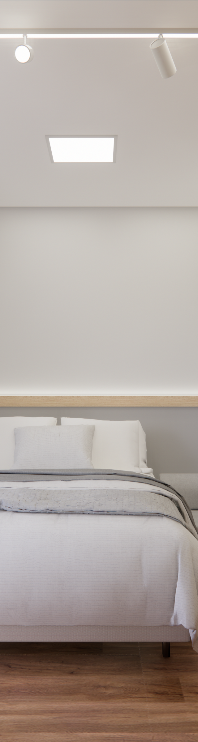Render 3D de quarto no RA Soma Perdizes com cama, piso amadeirado, paredes cinza, espelho oval e iluminação indireta