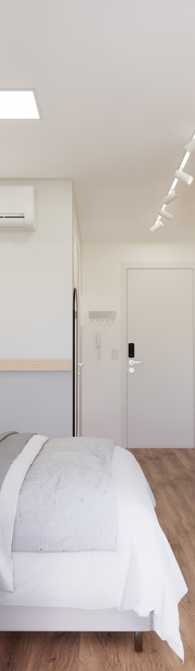 Render 3D de estúdio compacto no Soma Perdizes com cama, cozinha linear em madeira e cinza, piso amadeirado e iluminação