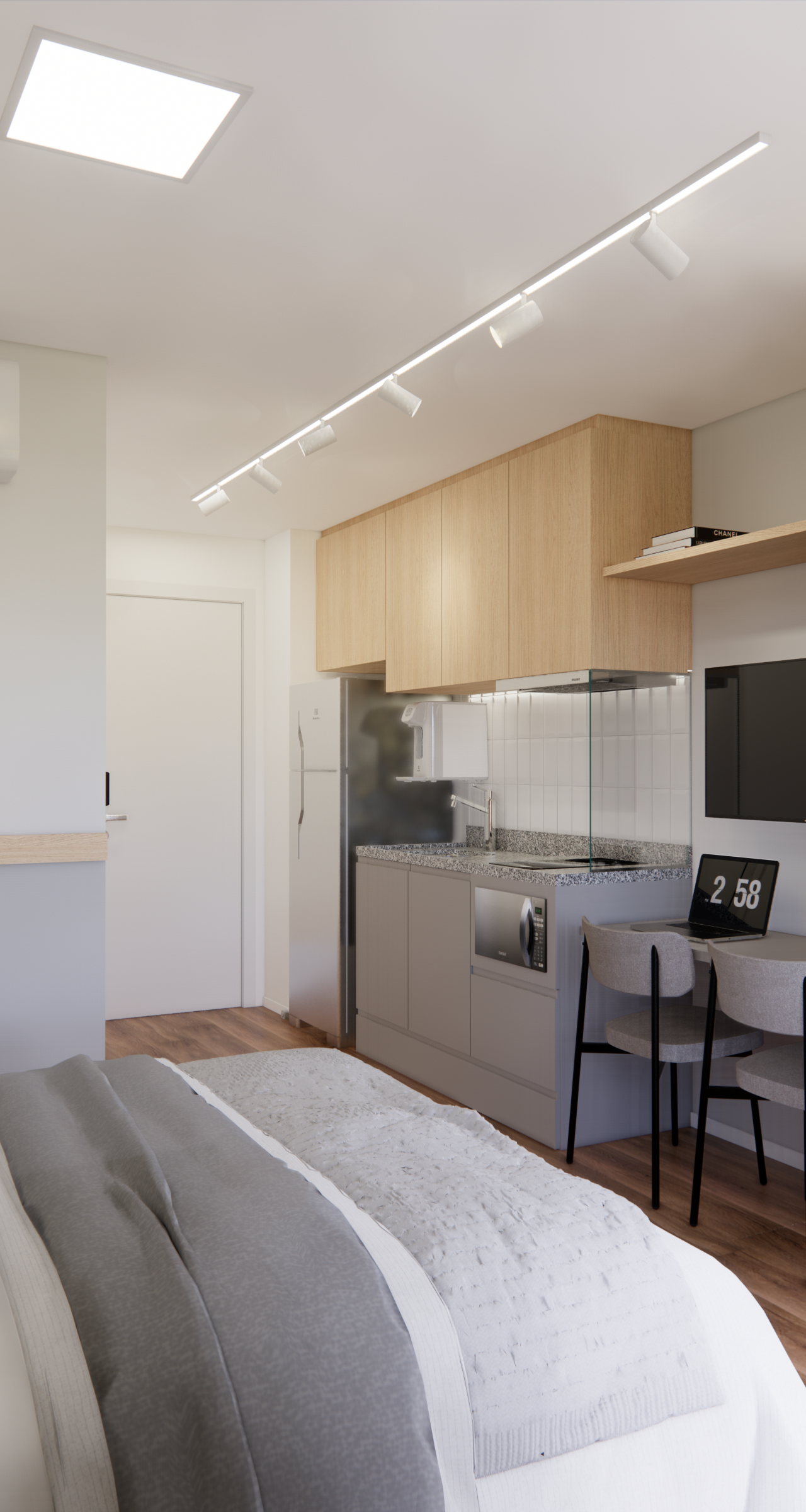 Render 3D de estúdio no Soma Perdizes com cozinha compacta cinza, marcenaria em madeira clara, cama e armário espelhado