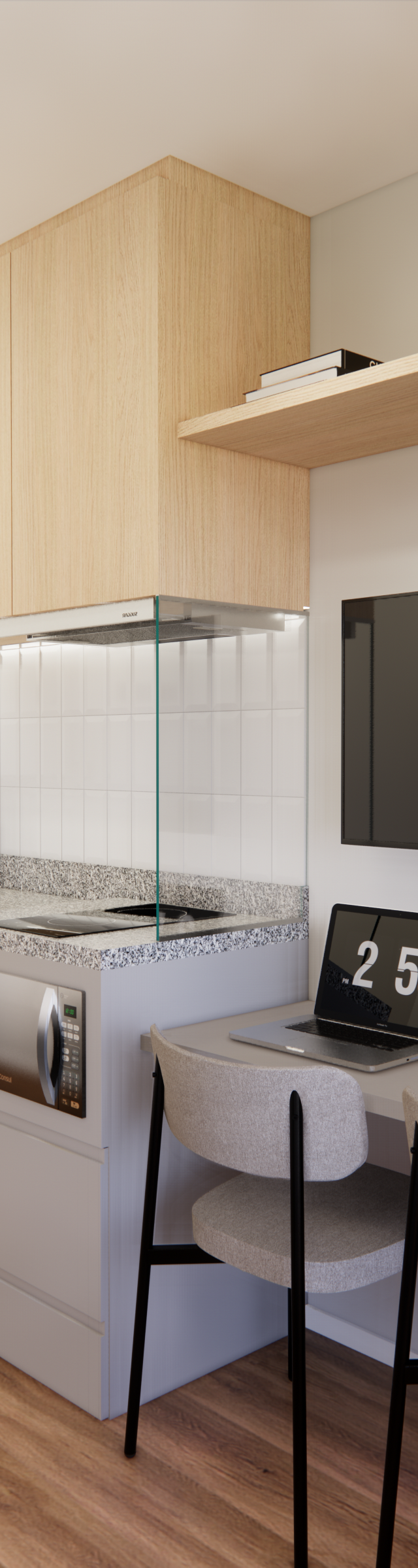 Render 3D do projeto Soma Perdizes com cozinha compacta, marcenaria clara, bancada em granito e home office integrado