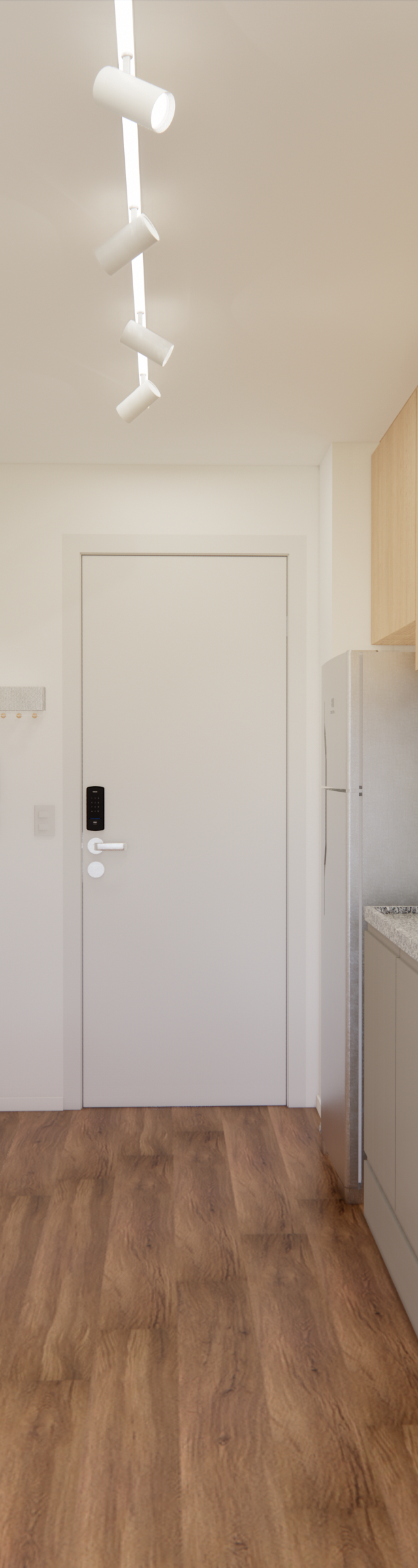 Render 3D de cozinha compacta no Soma Perdizes com marcenaria clara, bancada em granito, piso amadeirado e trilho de luz