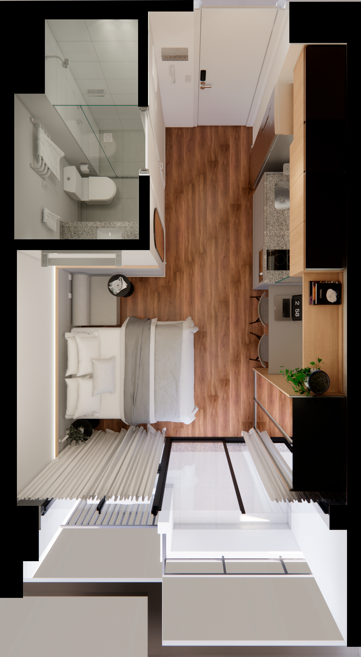 Planta 3D zenital do RA Soma Perdizes com piso amadeirado, cama casal, cozinha linear, banheiro integrado e varanda