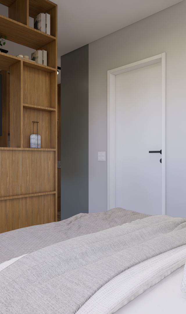Render 3D de quarto pequeno com estante de madeira e painel de TV, cama com colcha cinza e ar-condicionado em parede clara