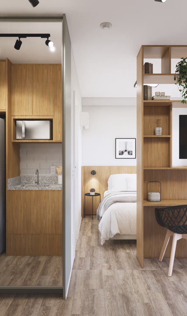 Render 3D de estúdio de 28m² com cozinha de marcenaria em madeira, estante multifuncional com TV e quarto ao fundo