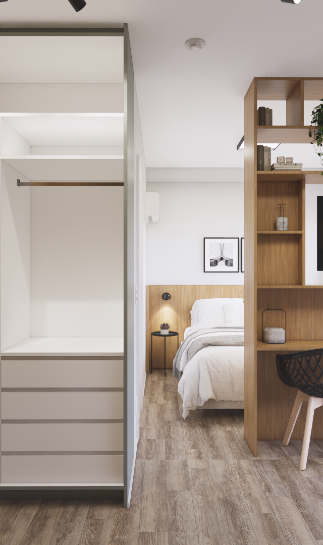 Render 3D de estúdio com armário branco, estante divisória em madeira, mesa com cadeiras pretas e iluminação neutra
