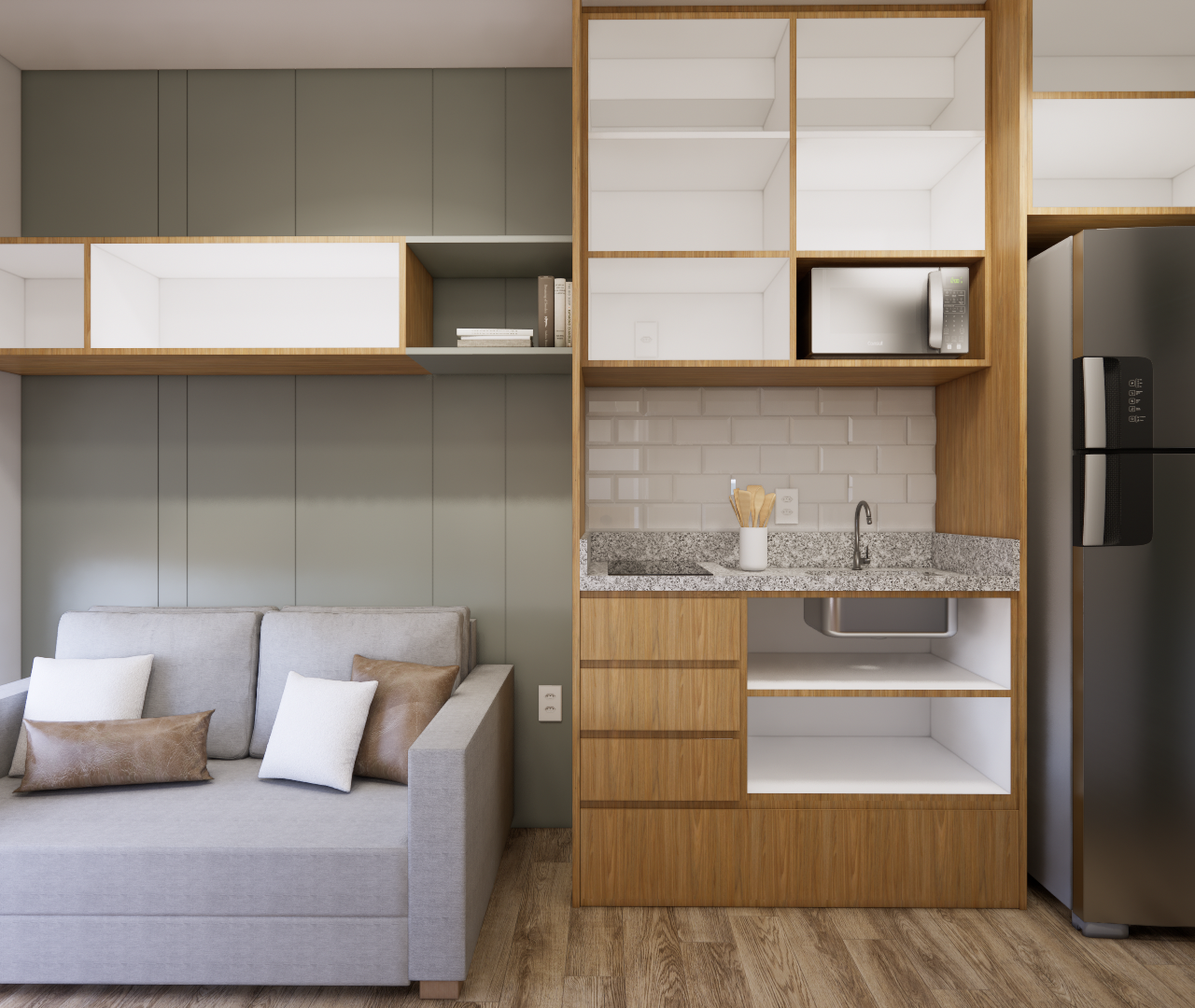 Render 3D de estúdio compacto com sofá cinza, marcenaria em madeira clara, bancada em granito e geladeira de inox