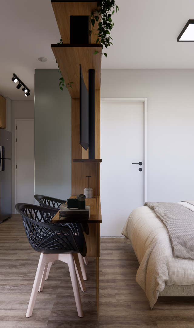 Render 3D de estúdio de 28 m² com marcenaria em madeira, sofá cinza, cama de casal, divisória com TV e cadeiras pretas