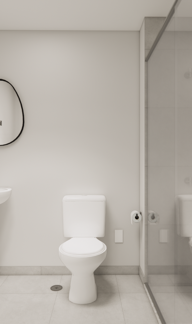 Render 3D de banheiro compacto com paredes off-white, louças brancas, espelho orgânico e box com revestimento cinza fosco