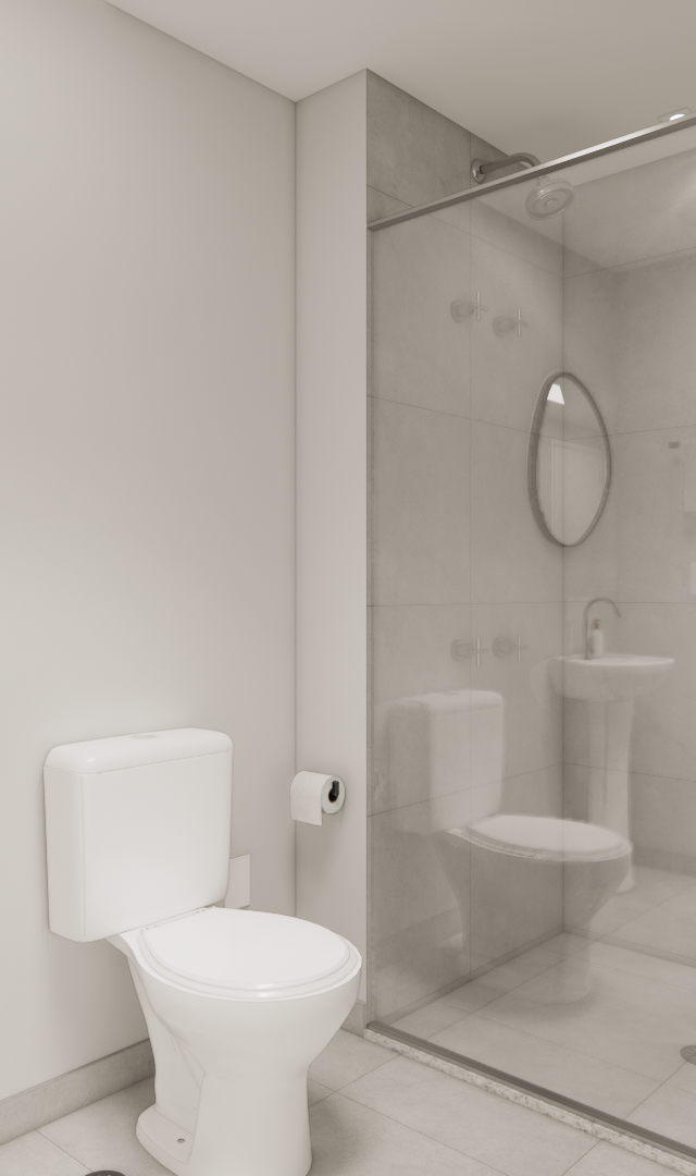 Render 3D de banheiro moderno em tons claros com espelho orgânico, metais cromados, box de vidro e decoração minimalista