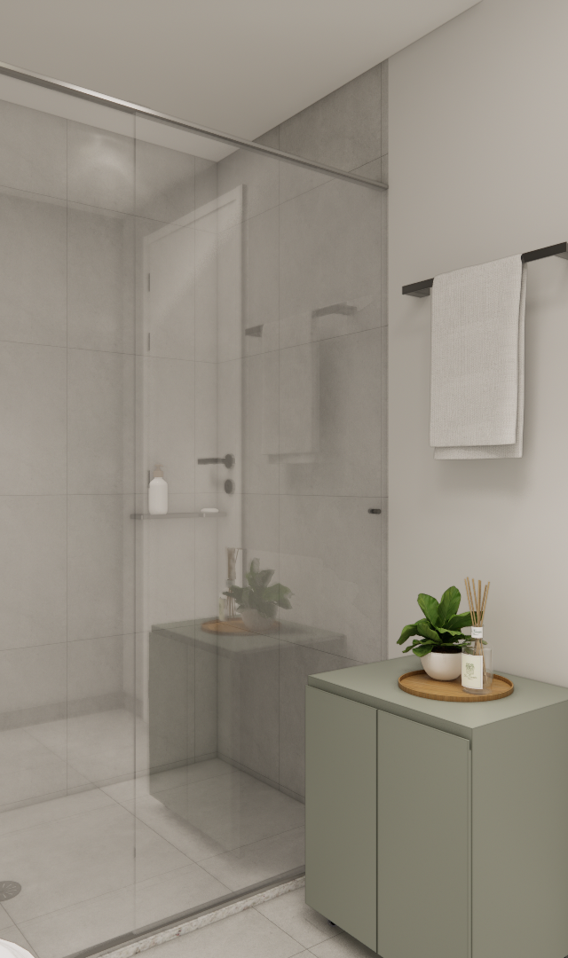 Render 3D de banheiro compacto com tons neutros, box de vidro, piso cinza e gabinete verde com planta decorativa