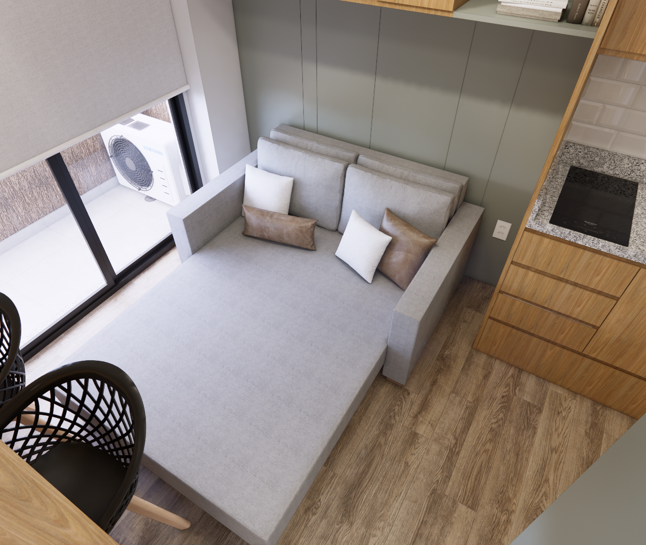 Render 3D de estúdio de 28 m² com sofá-cama cinza, cozinha em madeira clara, tampo em granito e piso amadeirado